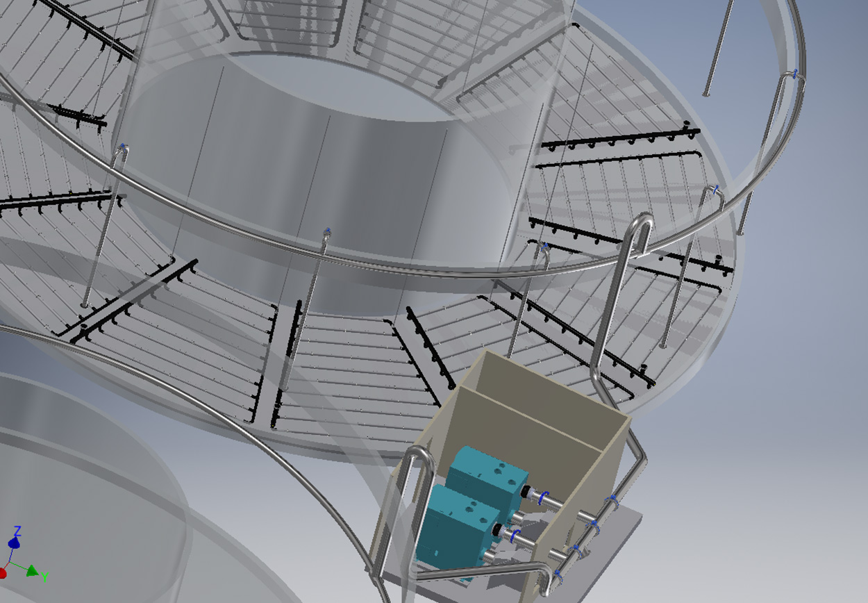 3D-ontwerp van een installatie met leidingwerk en apparatuur